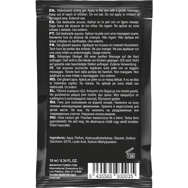 Schwarze tasche mit 10 ml wasserbasiertem gleitgel auf erdbeerbasis von coquette chic desire mit mehrsprachiger anleitung und inhaltsstoffen