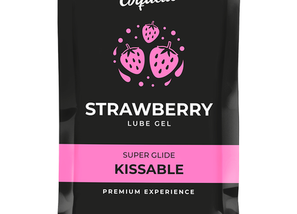 Coquette chic desire kussbares erdbeerwasserbasiertes schmiermittel in schwarzer und pinker verpackung mit spielerischen erdbeergraphics