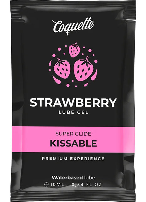Coquette chic desire kussbares erdbeerwasserbasiertes schmiermittel in schwarzer und pinker verpackung mit spielerischen erdbeergraphics