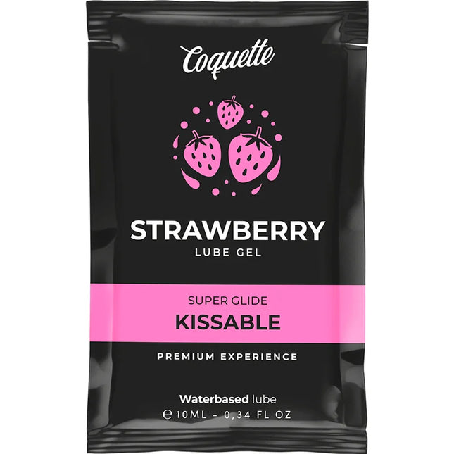Coquette chic desire kussbares erdbeerwasserbasiertes schmiermittel in schwarzer und pinker verpackung mit spielerischen erdbeergraphics