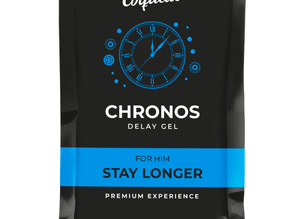 Schwarze pouch von coquette chronos verzögerungsgel für ihn mit blauem uhrendesign und stay longer streifen