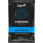 Schwarze pouch von coquette chronos verzögerungsgel für ihn mit blauem uhrendesign und stay longer streifen