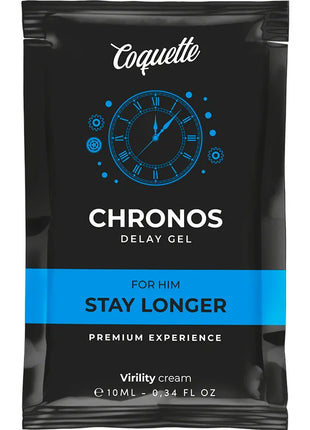 Schwarze pouch von coquette chronos verzögerungsgel für ihn mit blauem uhrendesign und stay longer streifen