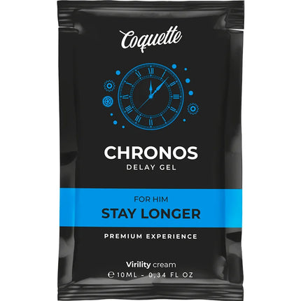 Schwarze pouch von coquette chronos verzögerungsgel für ihn mit blauem uhrendesign und stay longer streifen