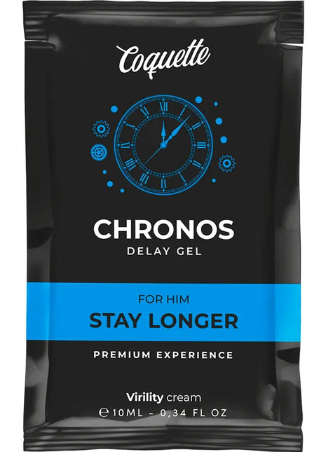 Schwarze pouch von coquette chronos verzögerungsgel für ihn mit blauem uhrendesign und stay longer streifen