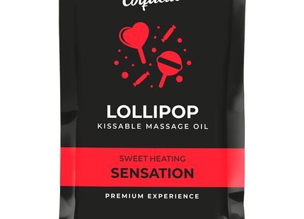 Coquette chic desire lutscher kissables massageöl mit wärmeeffekt in schwarzer und roter folienverpackung mit süßen grafikdesigns