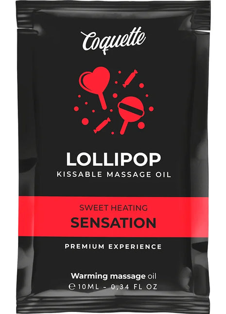 Coquette chic desire lutscher kissables massageöl mit wärmeeffekt in schwarzer und roter folienverpackung mit süßen grafikdesigns