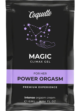 Coquette chic desire pocket magic climax gel 10 ml in schwarzer tasche mit lila akzenten und sternenmuster für ihren orgasmus