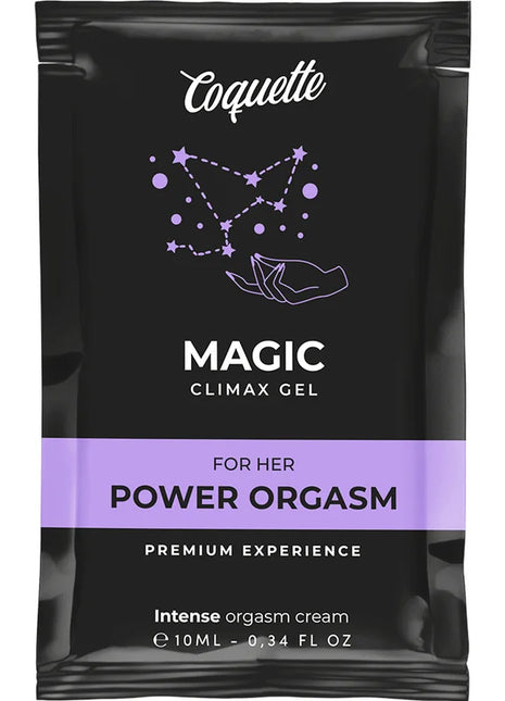 Coquette chic desire pocket magic climax gel 10 ml in schwarzer tasche mit lila akzenten und sternenmuster für ihren orgasmus