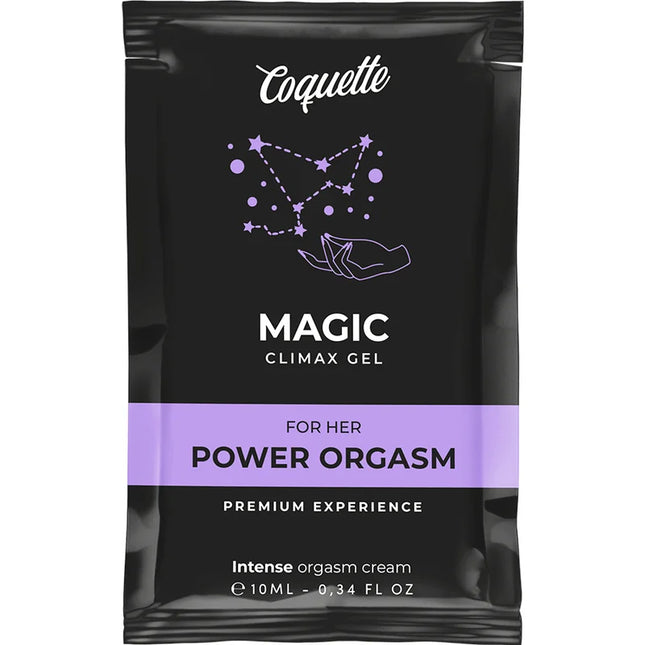 Coquette chic desire pocket magic climax gel 10 ml in schwarzer tasche mit lila akzenten und sternenmuster für ihren orgasmus
