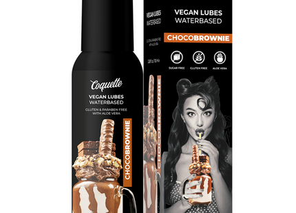 Schwarze pumpflasche coquette chocobrownie veganes wasserbasiertes gleitmittel mit glänzendem finish und schokoladenetikett