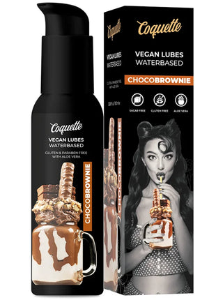 Schwarze pumpflasche coquette chocobrownie veganes wasserbasiertes gleitmittel mit glänzendem finish und schokoladenetikett