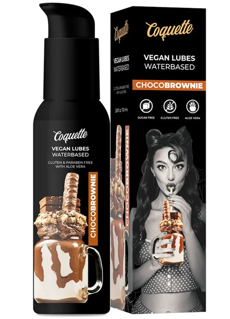 Schwarze pumpflasche coquette chocobrownie veganes wasserbasiertes gleitmittel mit glänzendem finish und schokoladenetikett