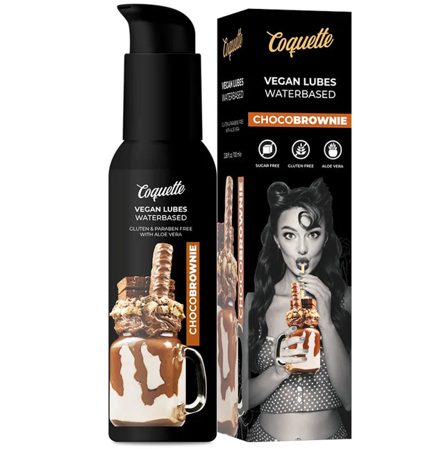 Schwarze pumpflasche coquette chocobrownie veganes wasserbasiertes gleitmittel mit glänzendem finish und schokoladenetikett