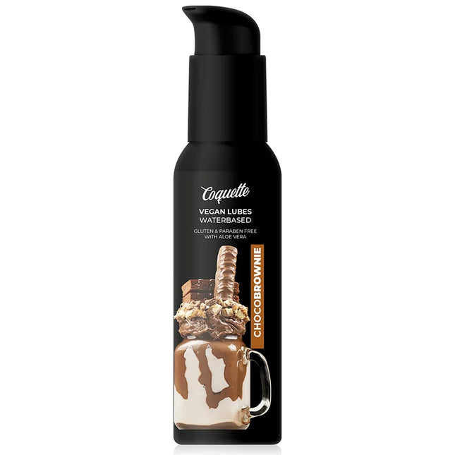 Schwarze pumpe flasche von coquette chocobrownie veganem wasserbasiertem gleitmittel mit milchshakelabel