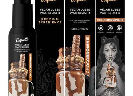 Schwarze pumpflasche coquette chocobrownie veganes wasserbasiertes gleitmittel mit glänzendem finish und schokoladigem design