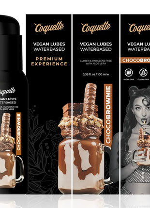Schwarze pumpflasche coquette chocobrownie veganes wasserbasiertes gleitmittel mit glänzendem finish und schokoladigem design