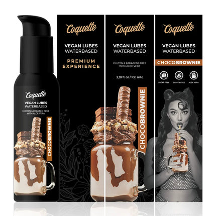 Schwarze pumpflasche coquette chocobrownie veganes wasserbasiertes gleitmittel mit glänzendem finish und schokoladigem design