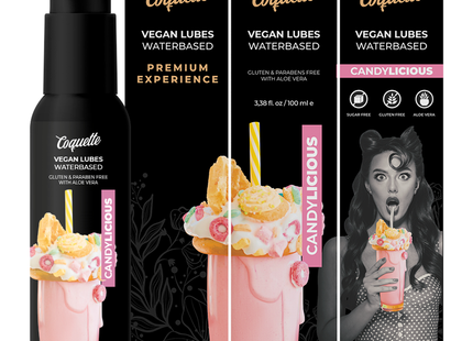 Schwarze pumpflasche coquette candylicious veganes wasserbasiertes gleitmittel mit rosa und gelbem bonbon-design 100ml