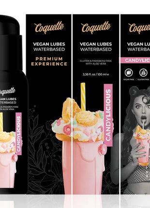 Schwarze pumpflasche coquette candylicious veganes wasserbasiertes gleitmittel mit rosa und gelbem bonbon-design 100ml