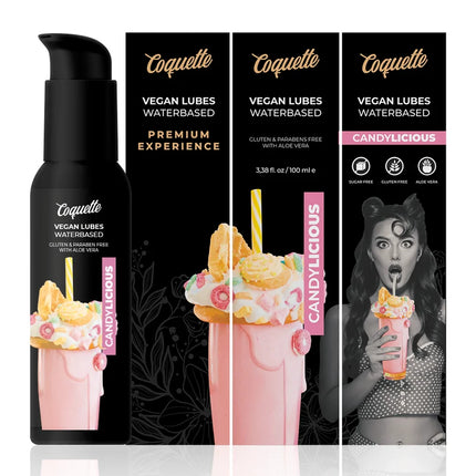Schwarze pumpflasche coquette candylicious veganes wasserbasiertes gleitmittel mit rosa und gelbem bonbon-design 100ml