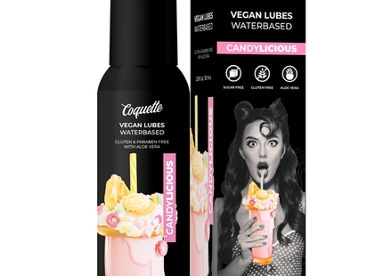 Schwarze pumpflasche von coquette candylicious vegan wasserbasiertem gleitmittel mit rosa milkshake grafik und passender verpackung