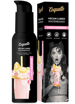 Schwarze pumpflasche von coquette candylicious vegan wasserbasiertem gleitmittel mit rosa milkshake grafik und passender verpackung