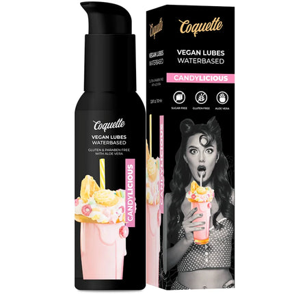 Schwarze pumpflasche von coquette candylicious vegan wasserbasiertem gleitmittel mit rosa milkshake grafik und passender verpackung