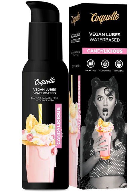 Schwarze pumpflasche von coquette candylicious vegan wasserbasiertem gleitmittel mit rosa milkshake grafik und passender verpackung