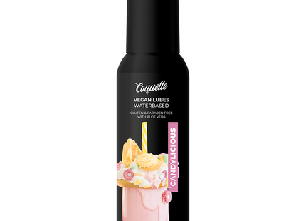 Schwarze pumpe flasche coquette candylicious veganes wasserbasiertes gleitmittel mit pinkem milkshake und gelbem strohhalm