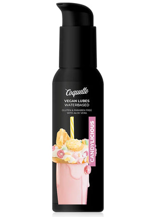Schwarze pumpe flasche coquette candylicious veganes wasserbasiertes gleitmittel mit pinkem milkshake und gelbem strohhalm