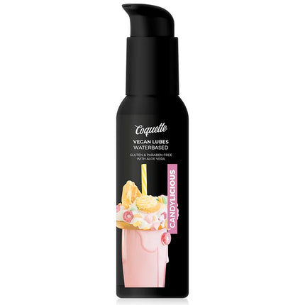 Schwarze pumpe flasche coquette candylicious veganes wasserbasiertes gleitmittel mit pinkem milkshake und gelbem strohhalm