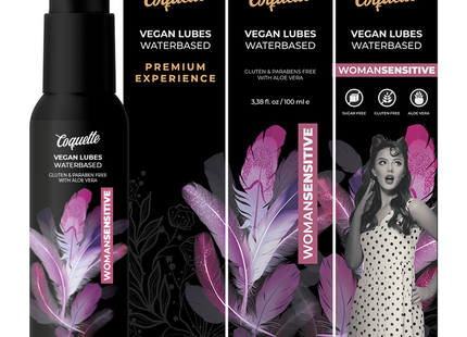 Schwarzes coquette veganes wasserbasiertes gleitgel mit elegantem pumpspender und lila federmotiv 100 ml