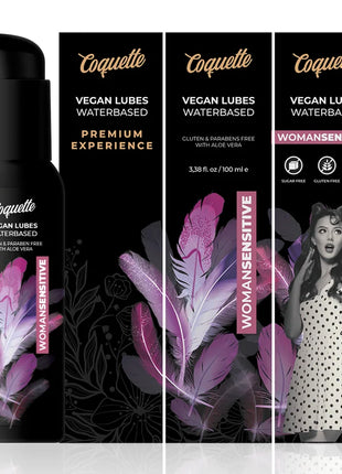 Schwarzes coquette veganes wasserbasiertes gleitgel mit elegantem pumpspender und lila federmotiv 100 ml