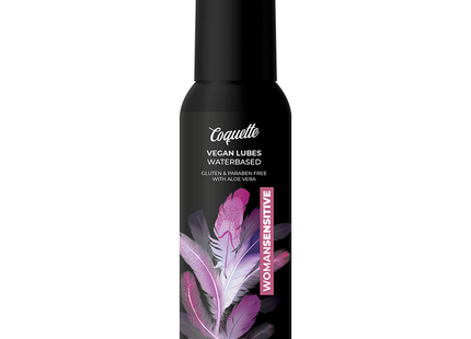 Schwarzer coquette veganer wasserbasierten gleitmittel flasche mit elegantem pumpspender und lebhaftem lila federmotiv