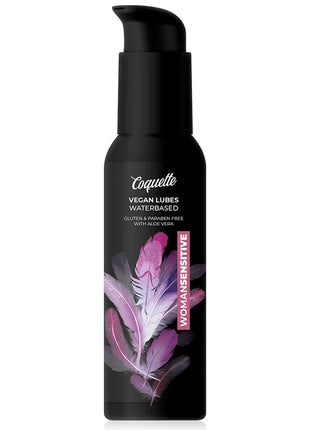 Schwarzer coquette veganer wasserbasierten gleitmittel flasche mit elegantem pumpspender und lebhaftem lila federmotiv