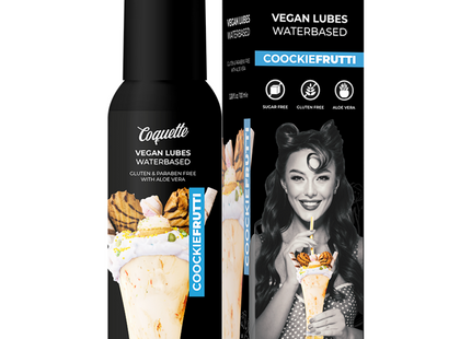 Schwarze pumpflasche coquette vegan wasserbasiertes schmiermittel cookiefrutti mit glänzendem finish und dessertbild