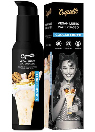 Schwarze pumpflasche coquette vegan wasserbasiertes schmiermittel cookiefrutti mit glänzendem finish und dessertbild