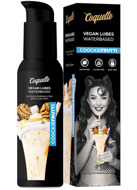 Schwarze pumpflasche coquette vegan wasserbasiertes schmiermittel cookiefrutti mit glänzendem finish und dessertbild