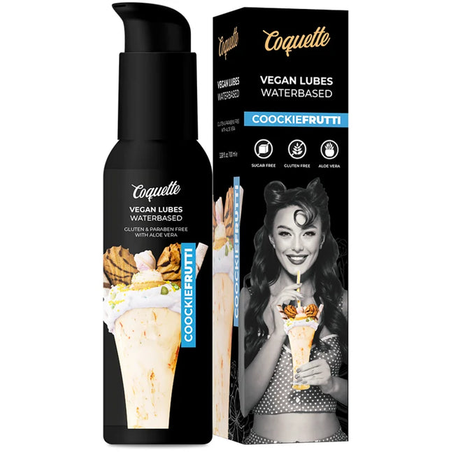 Schwarze pumpflasche coquette vegan wasserbasiertes schmiermittel cookiefrutti mit glänzendem finish und dessertbild