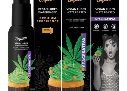 Schwarze pumpflasche coquette vegan wasserbasiertes lubricant mit grünem cannabisklatt und label spacesativa