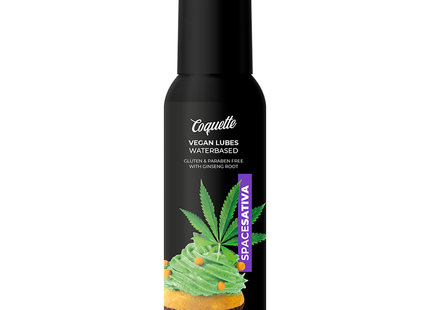 Schwarze coquette pumpe mit veganem wasserbasiertem space sativa lubricant und lila cannabisblatt auf cupcake design