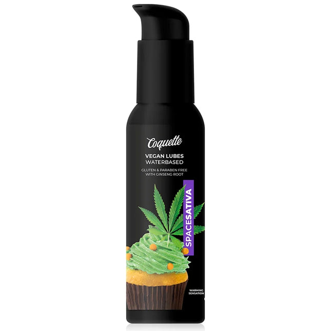 Schwarze coquette pumpe mit veganem wasserbasiertem space sativa lubricant und lila cannabisblatt auf cupcake design
