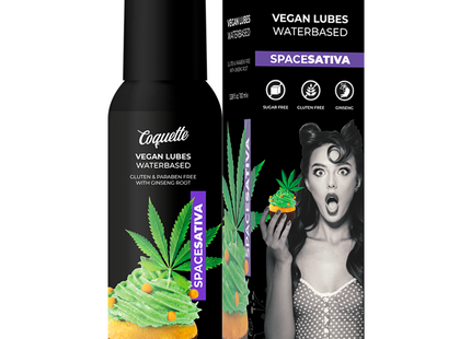 Schwarze pumpflasche coquette veganes wasserbasiertes sativa schmiermittel mit cannabisblatt und cupcake design 100 ml