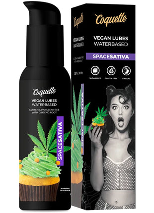 Schwarze pumpflasche coquette veganes wasserbasiertes sativa schmiermittel mit cannabisblatt und cupcake design 100 ml