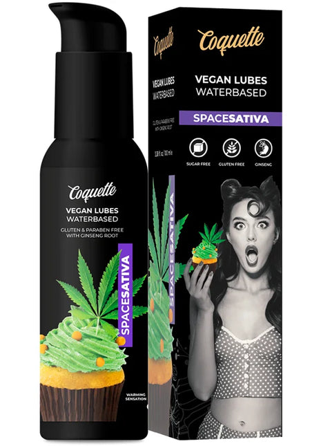 Schwarze pumpflasche coquette veganes wasserbasiertes sativa schmiermittel mit cannabisblatt und cupcake design 100 ml
