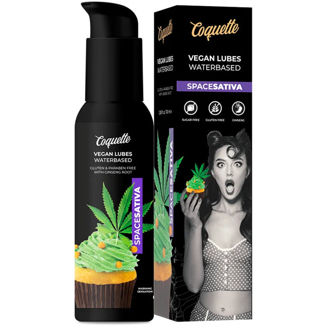 Schwarze pumpflasche coquette veganes wasserbasiertes sativa schmiermittel mit cannabisblatt und cupcake design 100 ml