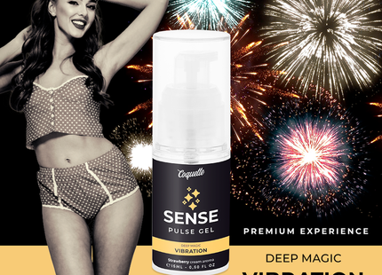 Weiße pumpflasche mit schwarzem etikett und goldakzenten sense pulse gel von coquette im coquette chic desire erdbeer vibrationsgel 15ml
