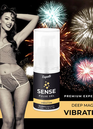 Weiße pumpflasche mit schwarzem etikett und goldakzenten sense pulse gel von coquette im coquette chic desire erdbeer vibrationsgel 15ml