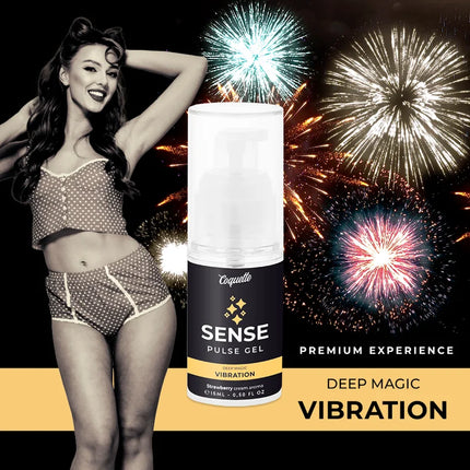 Weiße pumpflasche mit schwarzem etikett und goldakzenten sense pulse gel von coquette im coquette chic desire erdbeer vibrationsgel 15ml
